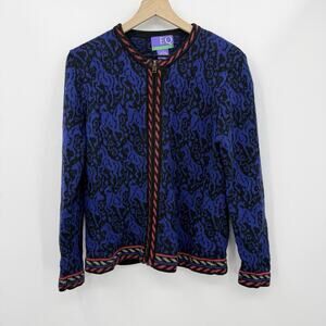 EQ Vintage Blue Black Abstract Knit Zip Cardigan Sweater M Retro 90s Artsy Boho